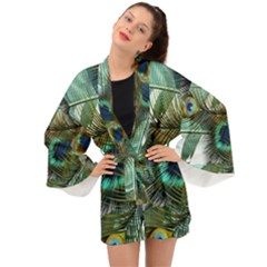 Peacock Feathers Blue Green Texture Long Sleeve Kimono by Wav3s