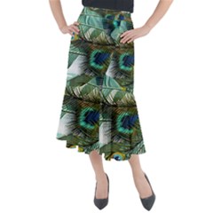 Peacock Feathers Blue Green Texture Midi Mermaid Skirt by Wav3s