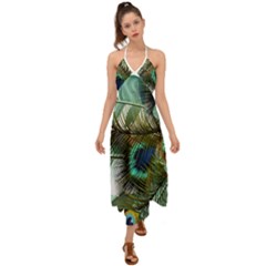 Peacock Feathers Blue Green Texture Halter Tie Back Dress  by Wav3s