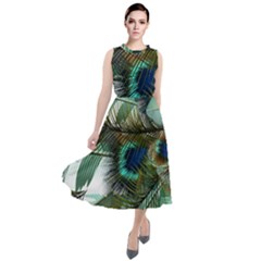 Peacock Feathers Blue Green Texture Round Neck Boho Dress by Wav3s