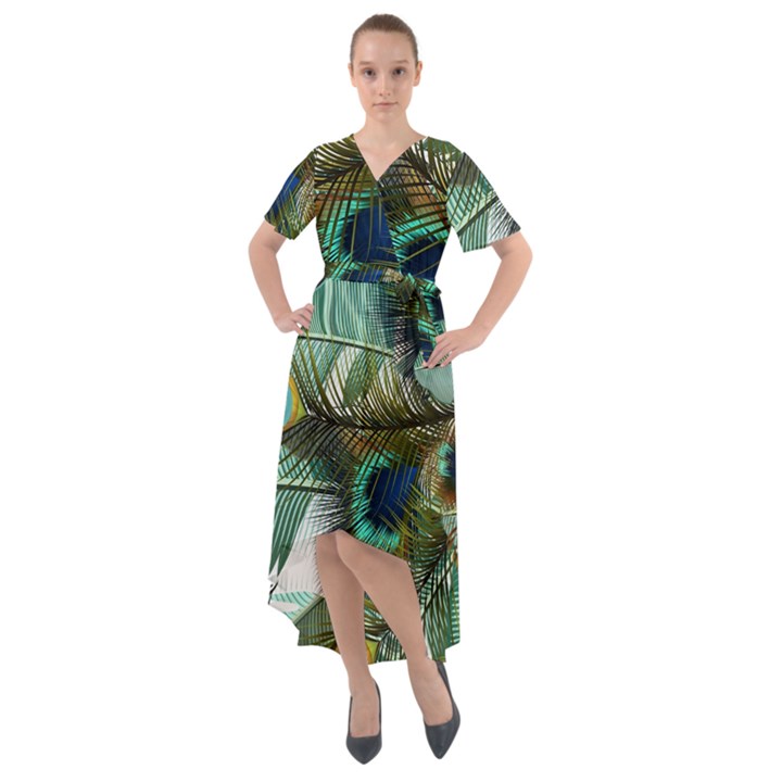 Peacock Feathers Blue Green Texture Front Wrap High Low Dress