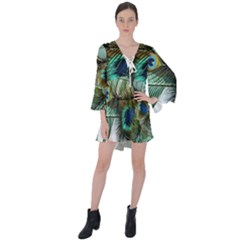 Peacock Feathers Blue Green Texture V-neck Flare Sleeve Mini Dress by Wav3s