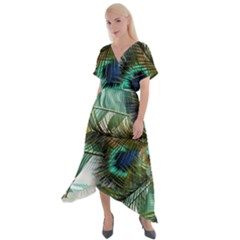 Peacock Feathers Blue Green Texture Cross Front Sharkbite Hem Maxi Dress by Wav3s