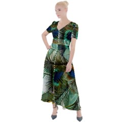 Peacock Feathers Blue Green Texture Button Up Short Sleeve Maxi Dress by Wav3s