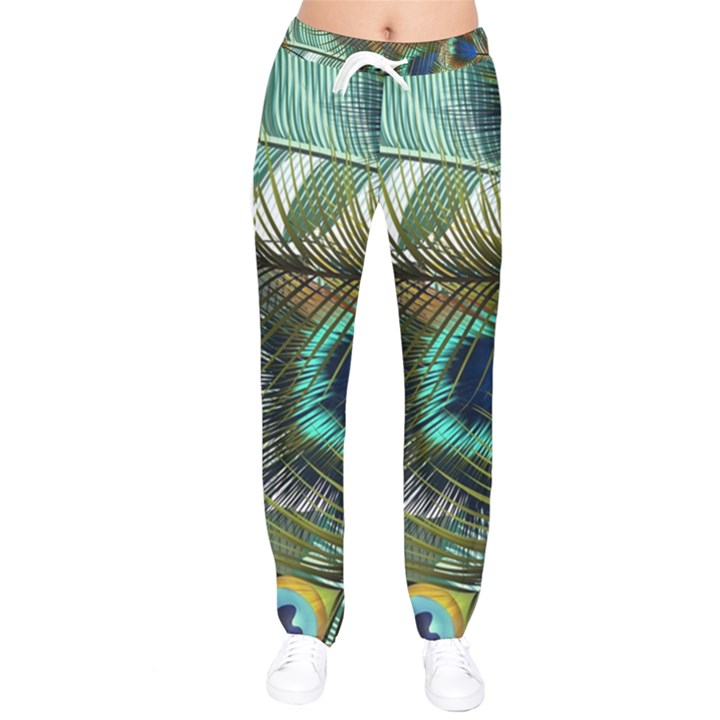 Peacock Feathers Blue Green Texture Women Velvet Drawstring Pants