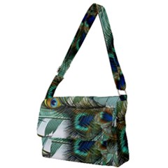 Peacock Feathers Blue Green Texture Full Print Messenger Bag (l) by Wav3s