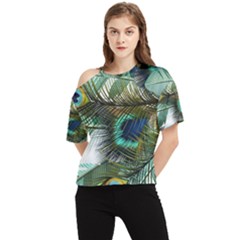 Peacock Feathers Blue Green Texture One Shoulder Cut Out Tee by Wav3s