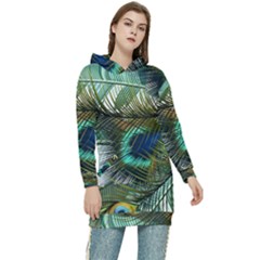 Peacock Feathers Blue Green Texture Women s Long Oversized Pullover Hoodie