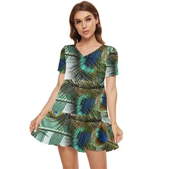 Peacock Feathers Blue Green Texture Tiered Short Sleeve Babydoll Dress by Wav3s