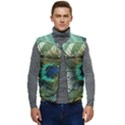 Peacock Feathers Blue Green Texture Men s Short Button Up Puffer Vest	 View1