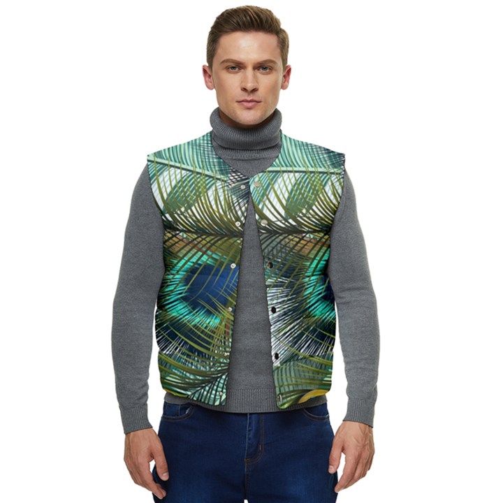 Peacock Feathers Blue Green Texture Men s Short Button Up Puffer Vest	