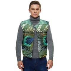 Peacock Feathers Blue Green Texture Men s Short Button Up Puffer Vest	 by Wav3s