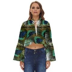 Peacock Feathers Blue Green Texture Boho Long Bell Sleeve Top