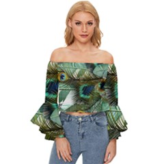 Peacock Feathers Blue Green Texture Off Shoulder Flutter Bell Sleeve Top