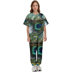 Peacock Feathers Blue Green Texture Kids  Tee And Pants Sports Set by Wav3s