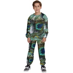 Peacock Feathers Blue Green Texture Kids  Sweatshirt Set