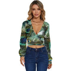 Peacock Feathers Blue Green Texture Long Sleeve Deep-v Velour Top