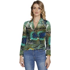 Peacock Feathers Blue Green Texture Women s Long Sleeve Revers Collar Cropped Jacket by Wav3s