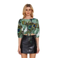 Peacock Feathers Blue Green Texture Mid Sleeve Drawstring Hem Top by Wav3s