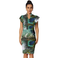 Peacock Feathers Blue Green Texture Vintage Frill Sleeve V-neck Bodycon Dress by Wav3s