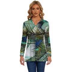 Peacock Feathers Blue Green Texture Long Sleeve Drawstring Hooded Top by Wav3s