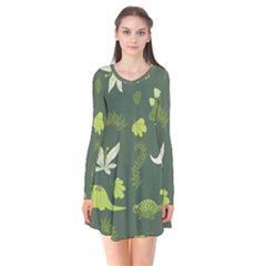 Cute Dinosaur Pattern Long Sleeve V-neck Flare Dress by Wav3s