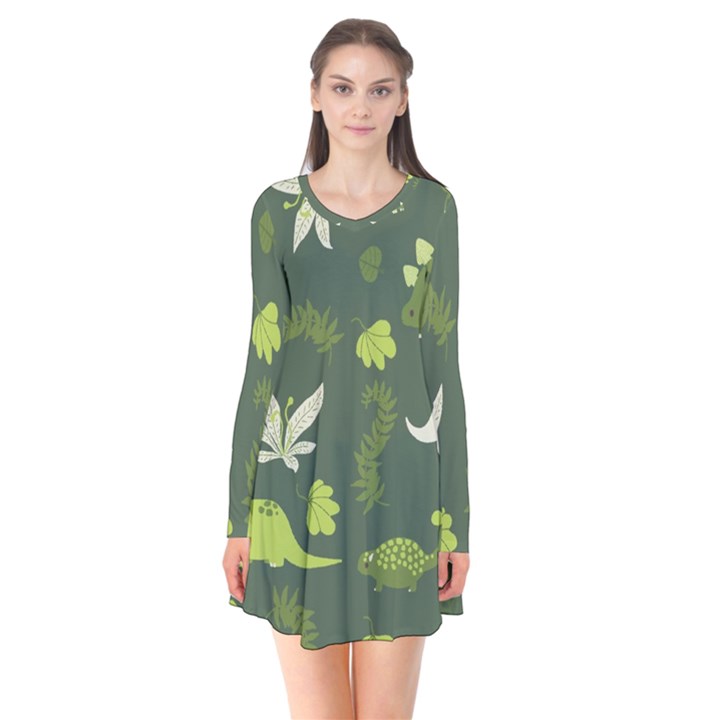 Cute Dinosaur Pattern Long Sleeve V-neck Flare Dress