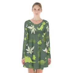 Cute Dinosaur Pattern Long Sleeve Velvet V-neck Dress