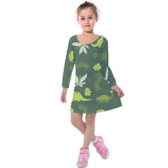 Cute Dinosaur Pattern Kids  Long Sleeve Velvet Dress