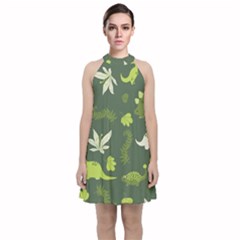 Cute Dinosaur Pattern Velvet Halter Neckline Dress 