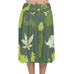 Cute Dinosaur Pattern Velvet Flared Midi Skirt