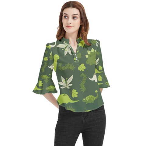 Cute Dinosaur Pattern Loose Horn Sleeve Chiffon Blouse by Wav3s