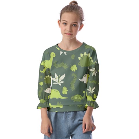 Cute Dinosaur Pattern Kids  Cuff Sleeve Top by Wav3s