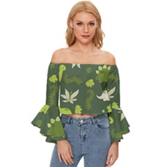 Cute Dinosaur Pattern Off Shoulder Flutter Bell Sleeve Top