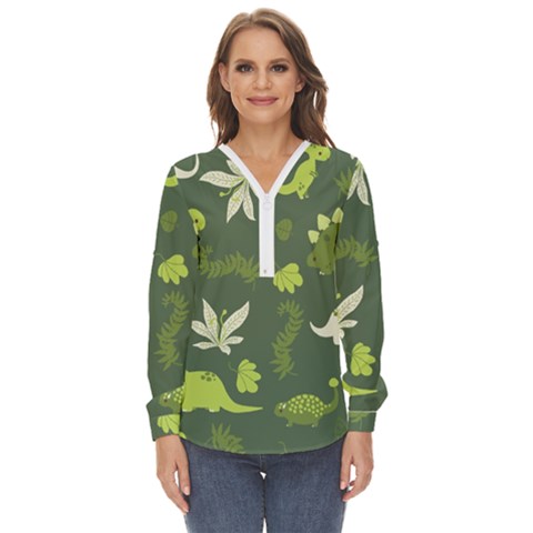 Cute Dinosaur Pattern Zip Up Long Sleeve Blouse by Wav3s