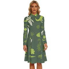 Cute Dinosaur Pattern Long Sleeve Shirt Collar A-line Dress by Wav3s