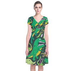 Dino Kawaii Short Sleeve Front Wrap Dress by Wav3s