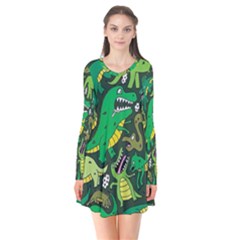 Dino Kawaii Long Sleeve V-neck Flare Dress by Wav3s