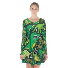 Dino Kawaii Long Sleeve Velvet V-neck Dress