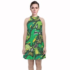 Dino Kawaii Velvet Halter Neckline Dress 