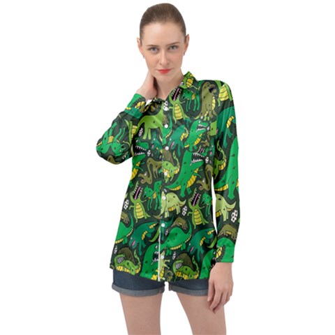 Dino Kawaii Long Sleeve Satin Shirt by Wav3s