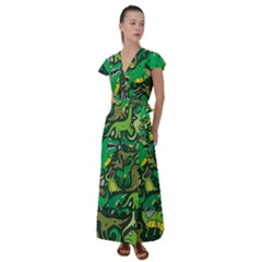 Dino Kawaii Flutter Sleeve Maxi Dress by Wav3s