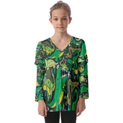 Dino Kawaii Kids  V Neck Casual Top by Wav3s