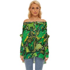 Dino Kawaii Off Shoulder Chiffon Pocket Shirt by Wav3s