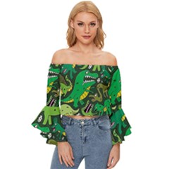 Dino Kawaii Off Shoulder Flutter Bell Sleeve Top