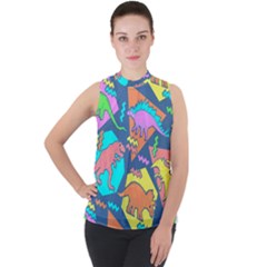 Dinosaur Pattern Mock Neck Chiffon Sleeveless Top by Wav3s