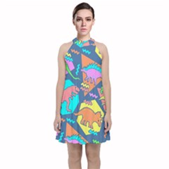 Dinosaur Pattern Velvet Halter Neckline Dress 