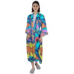 Dinosaur Pattern Maxi Satin Kimono by Wav3s