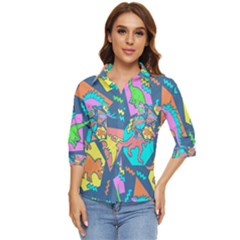 Dinosaur Pattern Women s Quarter Sleeve Pocket Shirt