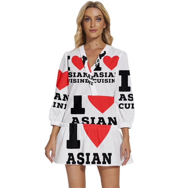 I love Asian cuisine V-Neck Placket Mini Dress